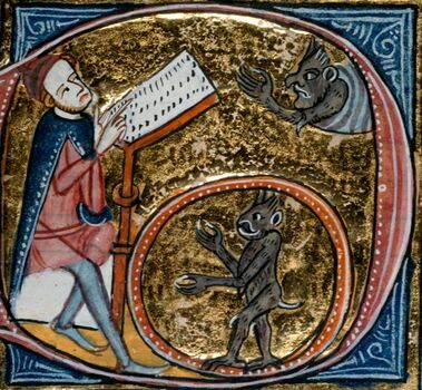 Medieval scholar performing necromancy ritual, summoning a daemon into a circle.