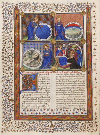 Illuminated first page of the Livre des propriétés. It depicts the Creation of the world and its creatures in the first three images; in the final one it shows Jean Corbechon offering the manuscript to king Charles the fifth.